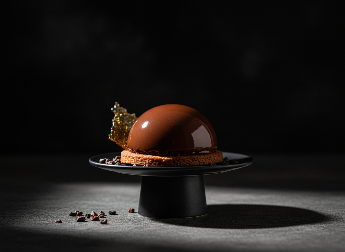 A dark, velvety backdrop frames a single, dramatically lit vegan dessert: a glossy, mirror-glazed chocolate dome made from oat milk ganache, resting on a perfectly round sable cookie. The dessert sits on a narrow matte-black pedestal plate atop a weathered concrete surface, with a few artfully scattered cocoa nibs and a razor-thin shard of caramelized sugar leaning against the dome. A narrow beam of moody side light carves across the scene, catching the sheen of the glaze and leaving deep, cinematic shadows on the opposite side. Captured in close-up macro perspective with extreme shallow depth of field, the background dissolves into inky darkness. The atmosphere is indulgent, mysterious, and high-drama, in ultra-detailed photographic realism.