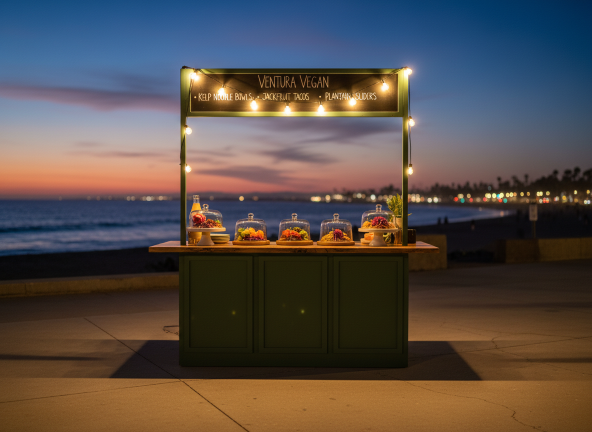 A Ventura beachfront scene at twilight where a small, impeccably styled vegan pop-up stall stands on the boardwalk. The stall features matte forest-green panels, a minimalist hand-lettered menu listing inventive plant-based dishes, and a counter of reclaimed wood displaying covered cloches with glimpses of colorful vegan street food. In the distance, the Pacific Ocean is visible, blurred and shimmering under a deep blue sky with the last hints of sunset orange. String lights cast a warm, grainy glow over the stall, creating soft pools of light and gentle shadows on the pavement. Shot from a slightly low angle with the stall centered and the coastline fading into bokeh, the mood is adventurous, indie, and quietly luxurious, rendered in realistic photographic style.