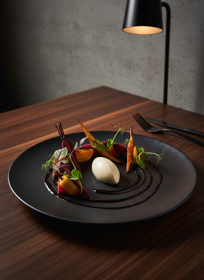 A meticulously plated vegan tasting menu course, featuring a charcoal-black ceramic plate with a geometric arrangement of vibrant roasted root vegetables, micro herbs, and an intricate quenelle of cashew cream, drizzled with a glossy balsamic reduction. The plate rests on a dark walnut table in a dimly lit, upscale restaurant interior, with blurred hints of concrete walls and matte black flatware in the background. Dramatic side lighting from a single warm pendant lamp creates sharp, cinematic shadows and glints on the sauce, emphasizing texture and color. Captured at a slightly elevated three-quarter angle with a shallow depth of field, the composition feels like a high-end food magazine spread. The mood is sophisticated, moody, and a touch provocative, in realistic photographic style.